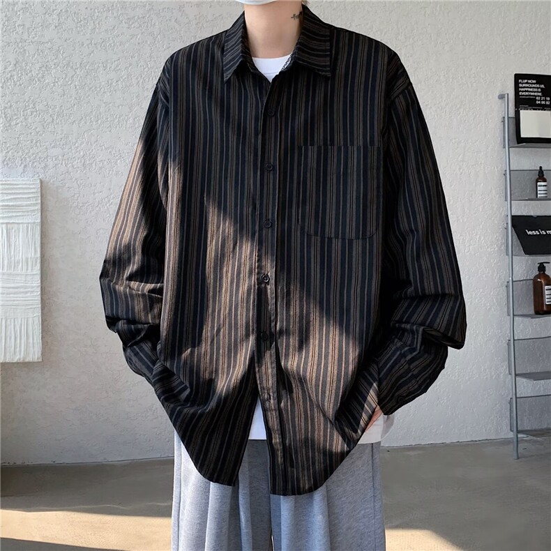 复古撞色条纹长袖衬衫男女中性风休闲宽松工装衬衣潮C213/P48,男装衬衫,星座506