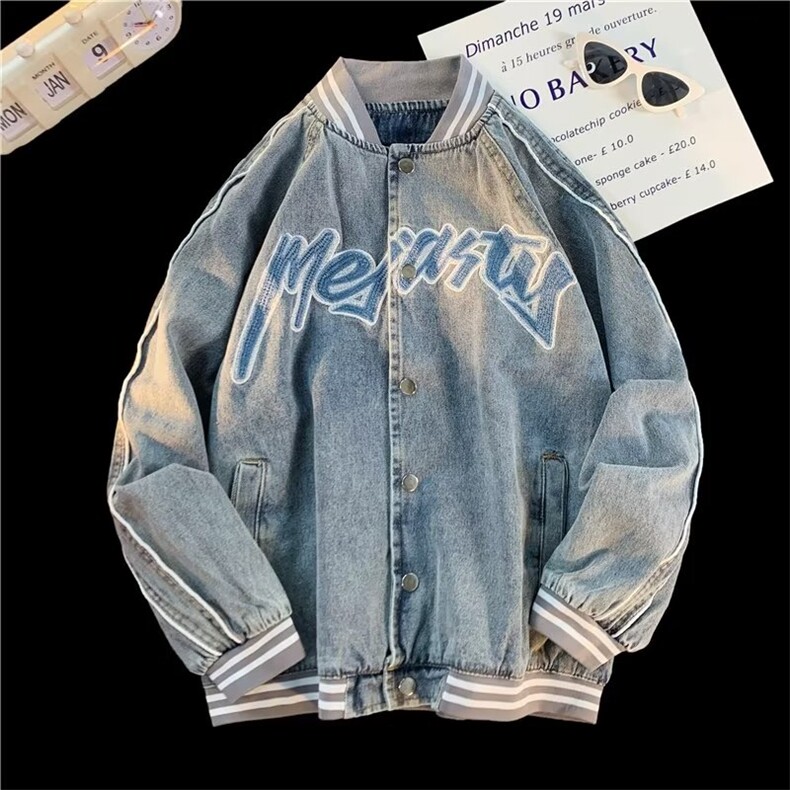 情侣装春秋新款水洗复古港味纯色牛仔夹克棒球服外套WT2176p75,男装夹克,星座1013