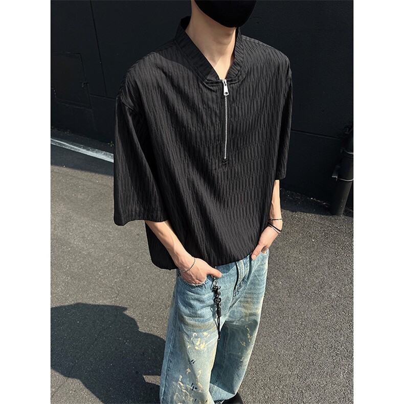 现货夏新潮流短袖半拉链亨利领宽松大码T恤男黑色513DT3533P30,男装T恤,星座513