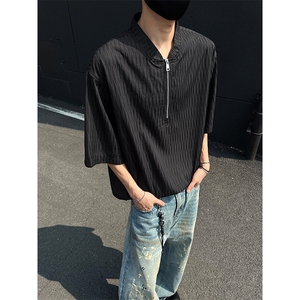 现货 夏新潮流短袖半拉链亨利领宽松大码T恤男黑色513 DT3533 P30图片