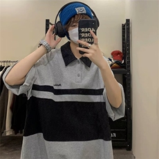 花灰色短袖男款polo衫日系复古夏季重磅T恤潮牌潮流撞色半袖，男装T恤，星座506A