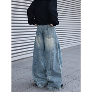抖音品质美式拼接设计百搭宽松阔腿牛仔裤B315-K25873-特p45控88,米白色包头凉鞋搭配图片
