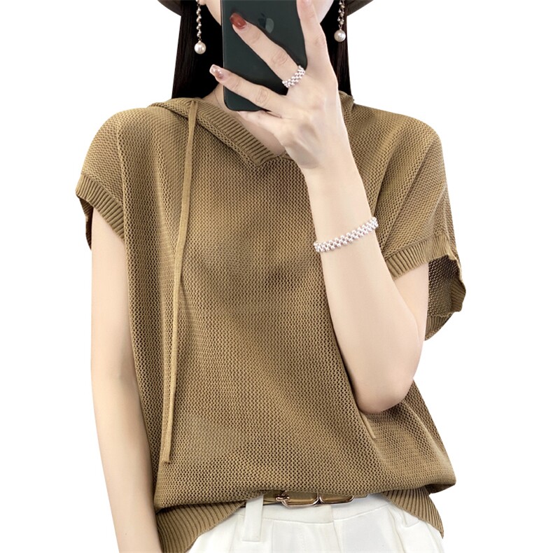 夏季新款精细羊毛连帽T恤女宽松镂空抽绳短袖百搭针织半袖打底衫,女装T恤,忠诺羊绒