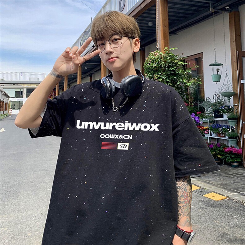 可48小时发货支持抖音得物来样二开美式满天星亮片短袖T恤MTX675,男装T恤,电商A486