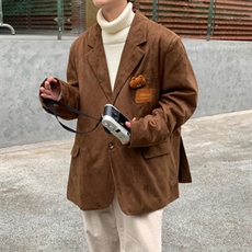 【2025秋冬】新款麂皮绒西服男小熊西装宽松韩版慵懒学院风外套，男装西服套装，星座112A
