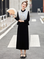 新中式2025春新款连衣裙女高级感气质马甲黑色内搭打底丝绒套装裙，女装套装/套裙，冬木谷雨