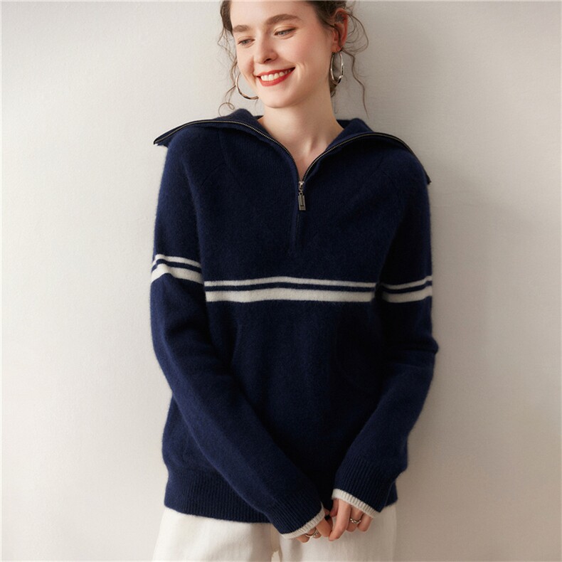 金属半拉链设计时尚百搭套头上衣女，女装针织衫/毛衣，广悦羊绒