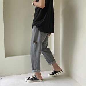 浅色牛仔裤子男士韩版潮流宽松阔腿直筒裤夏季破洞九分裤图片