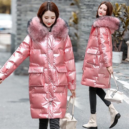 2021亮皮中长款修身加厚通勤拉链连帽纯色气质大毛领时尚潮棉衣，女装棉衣/棉服，艾仟回(原伊仟回)