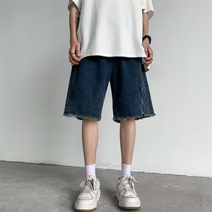 纽扣直脚五分裤时尚宽松直筒青春流行男新款潮夏季潮流牛仔裤水洗图片