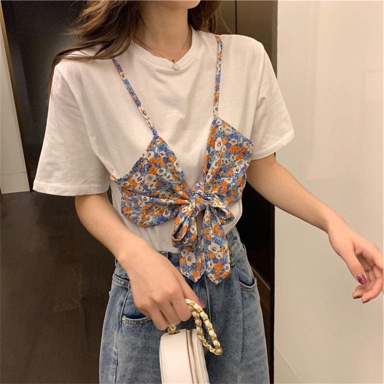 心机碎花假两件短袖t袖,女装其它,喜午