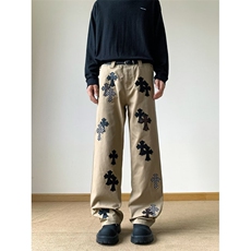 W10434-P70网图现货美式高街潮牌复古棕色十字架皮标牛仔裤，男装皮裤，星座1608