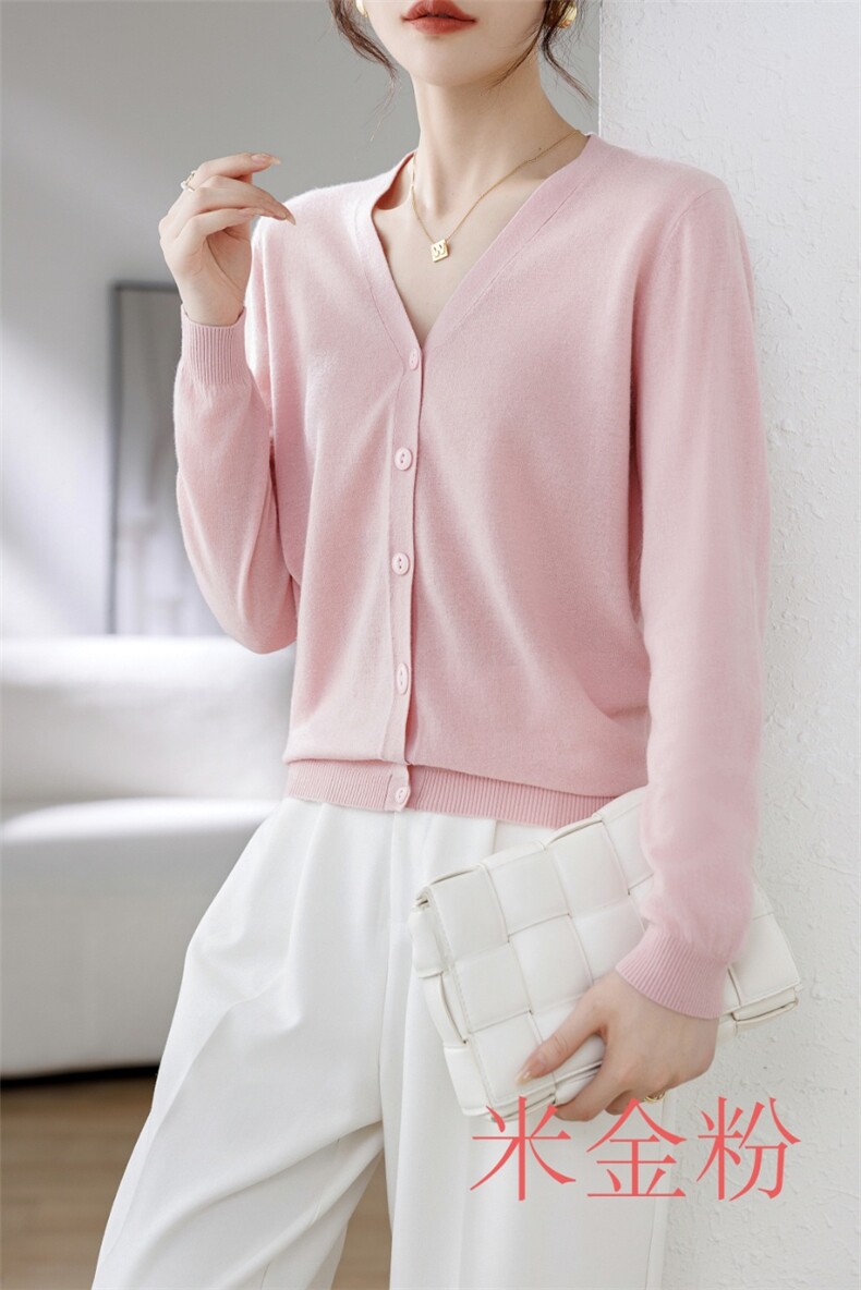 春夏新款精纺潮绣羊毛开衫女V领纯色五分袖针织外套毛衣打底上衣，女装针织衫/毛衣，国旺羊绒