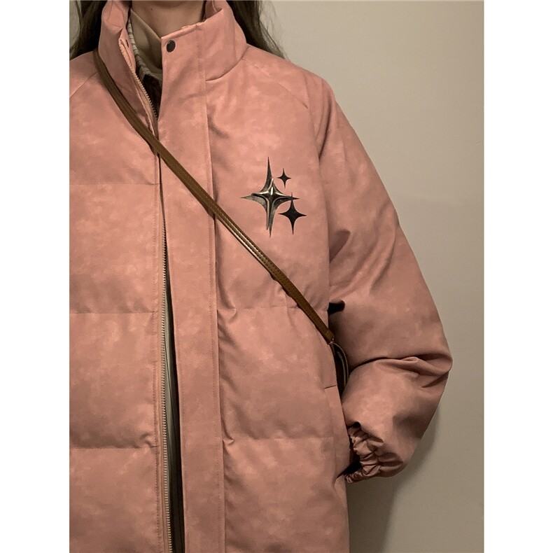 中性风PU皮复古做旧可拆卸四芒星胸针设计棉衣男MY77721P128控168，男装棉衣，星座227-7