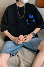 1港风休闲运动情侣大码M-5XL嘻哈网红小熊圆领短袖DT7745P55控78，男装T恤，星座226-2