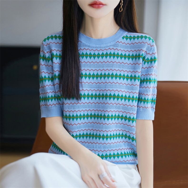 设计感镂空条纹纯棉针织短袖T恤女2025夏薄款透气正肩全棉t恤上衣,女装T恤,秋双羊绒