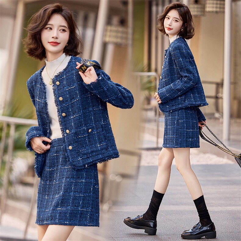 蓝色格纹小香风套装裙女2024秋冬新款气质名媛小个子半身裙两件套，女装套装/套裙，韩宇舍