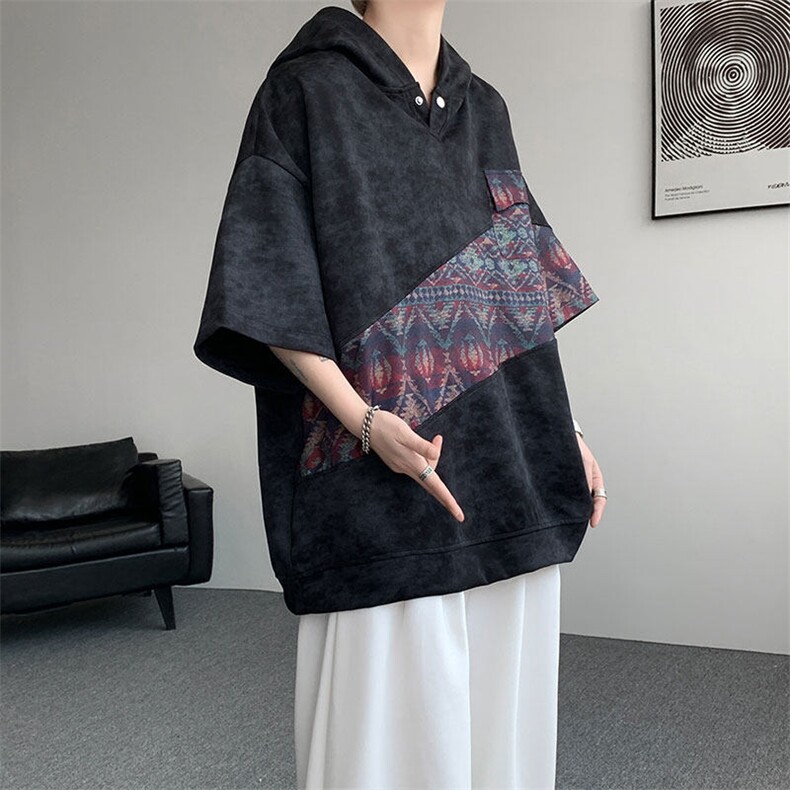 DX10127-特批40控78撞色拼接百搭宽松连帽短袖大码T恤,男装T恤,电商A059