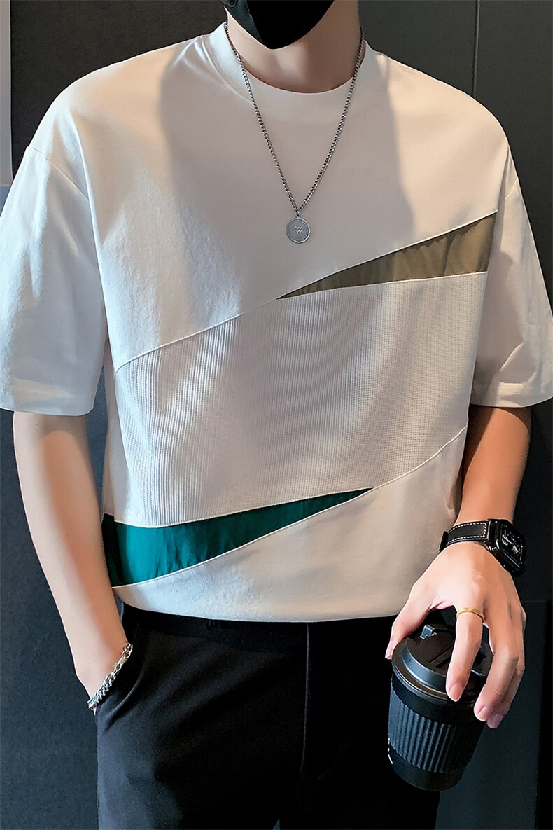 2025新款夏季短袖T恤男设计感潮牌拼接半袖体恤A313-1-K875-P55,男装T恤,电商A313-1