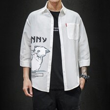 2021夏季新款日系大码男马切达猫咪印花宽松七分袖衬衫C3005-P45，男装衬衫，电商A001