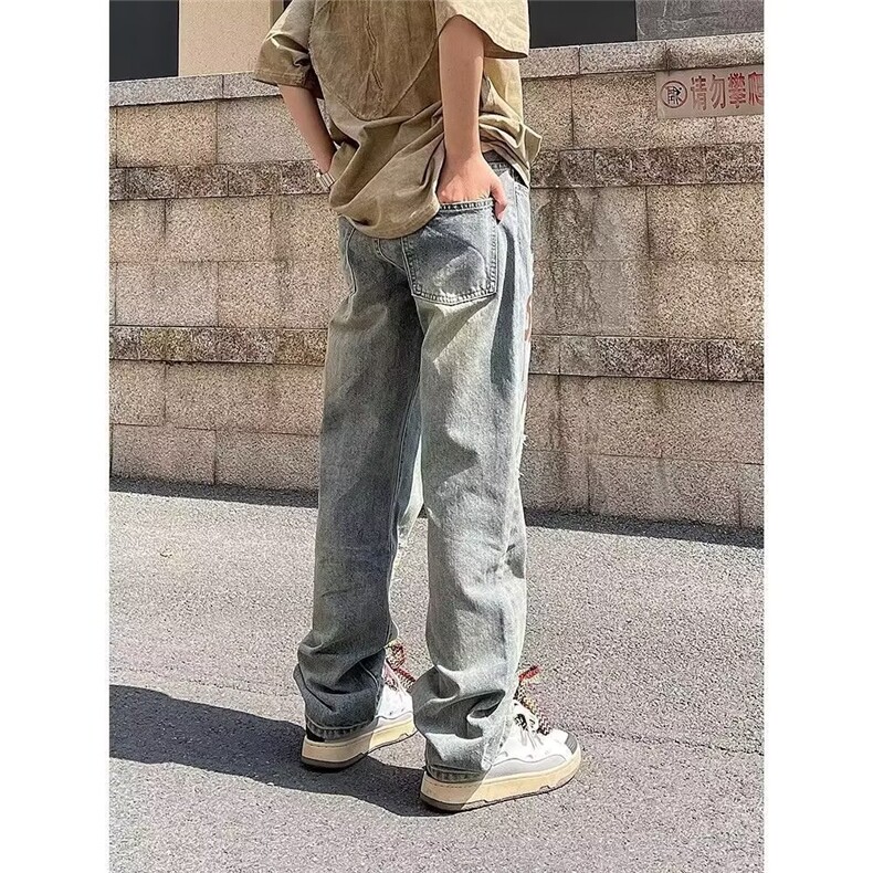 美式破洞牛仔裤男夏季薄款潮牌痞帅vibe风宽松直筒裤子XB136,男装牛仔裤,星座208-5