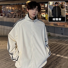 正反两面穿夹克男款春秋季美式复古满天星外套条纹拼接立领上衣服，男装夹克，电商A001-1