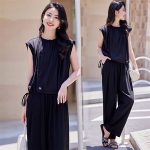 时尚气质套装2024夏季新款女休闲纯色宽松慵懒圆领薄款两件套,女装套装/套裙,梦懿尔