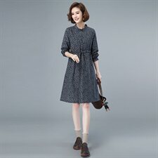 2021新款早春中长款连衣裙女长袖小碎花宽松腰制抽绳，女装连衣裙，涵誉