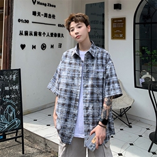 2026夏美式扎染刺绣格子短袖衬衫衬衣五分袖CS1806/特P35咖啡3，男装T恤，电商A094