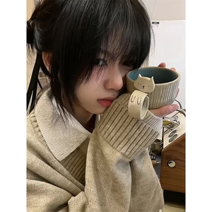 重磅北极绒假两件衬衫领毛衣美式高街复古休闲慵懒纯色翻领针织衫图片