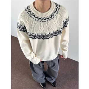 美式复古费尔岛提花毛衣男老钱入秋高智感学院慵懒风软圣诞侣毛衣图片