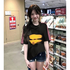 抖音得物品质二开240克宽松纯棉美式潮牌印花三条杠中性风短袖T恤，男装T恤，电商A486-1