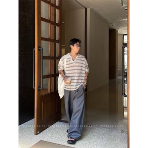 潮牌港风条纹长袖Polo衫男美式复古宽松休闲卫衣