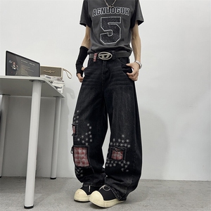 夏季复古破洞格子拼接牛仔裤潮流宽松设计感百搭直筒裤图片