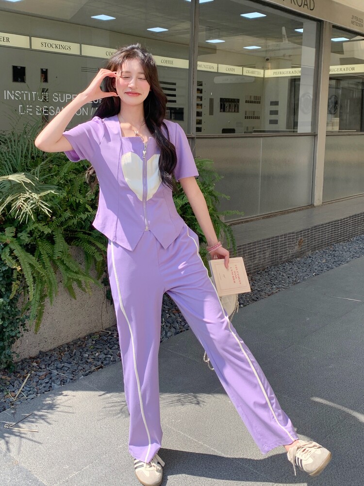 紫色短袖上衣半身裙套装女夏季2025新款时尚洋气休闲显瘦减龄穿搭,女装套装/套裙,含赞