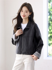 2025年秋季时尚卷边格纹袖口宽松翻领拉链文艺上衣，女装皮衣，依恋蒂丝