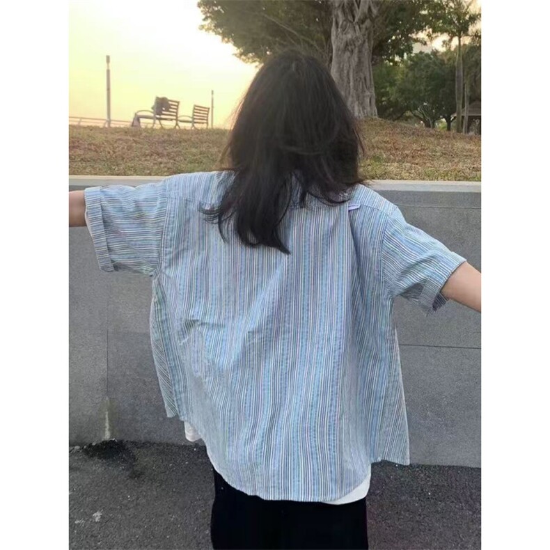 港风街头短袖衬衫夏季半袖上衣条纹宽松百搭开衫衬衣513DC1926P37,男装T恤,星座513