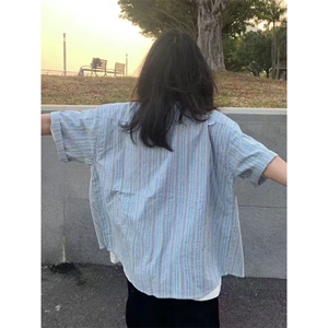 港风街头短袖衬衫夏季半袖上衣条纹宽松百搭开衫衬衣513DC1926P37