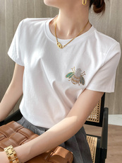 纯棉T恤女130支双面丝光棉短袖圆领宽松大码夏百搭烫钻，女装T恤，元素羊绒