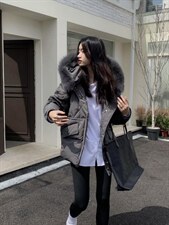 短款菱形格狐狸毛羽绒服 Size：F，女装羽绒服，里奈(1F)