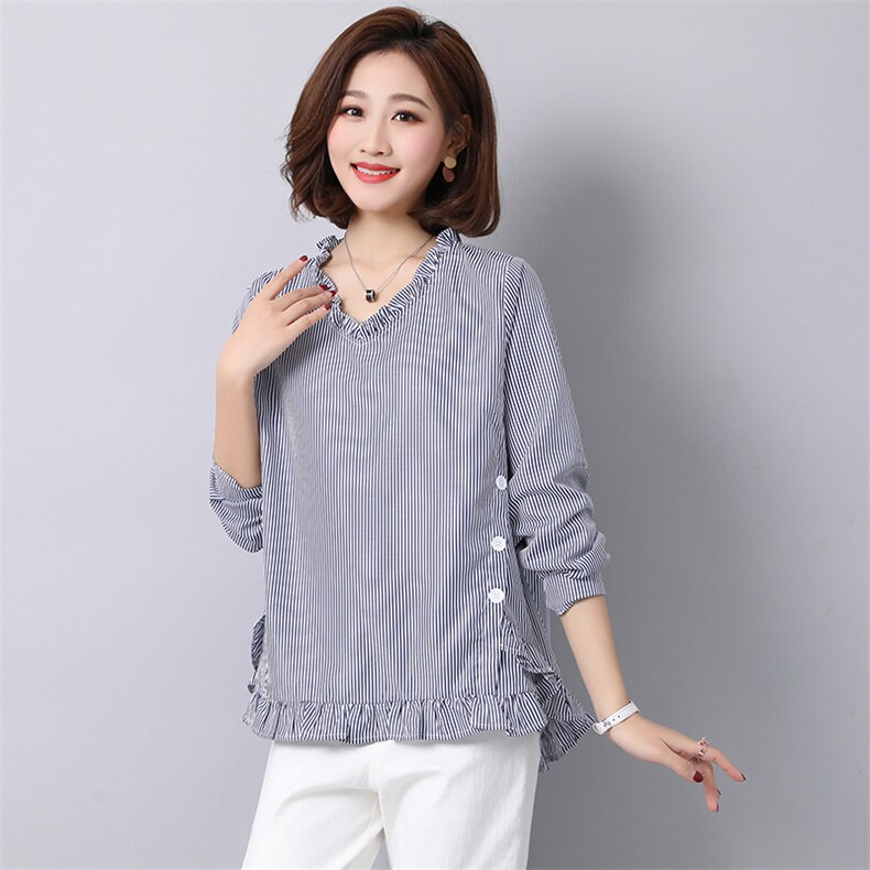潮流时尚竖条娃娃衫衬衫舒适长袖2025年秋季排多扣个性气质，女装衬衫，风姿绰