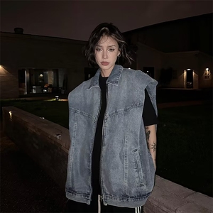 垫肩高牛仔马甲男女韩版潮流高街帅2025秋季新款ins外套W4818-P73图片