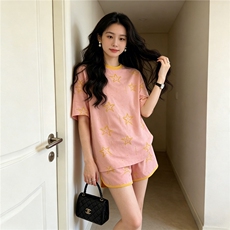 潮流时尚休闲运动套装女夏季新款印花圆领短袖上衣阔腿短裤两件套，女装套装/套裙，江南