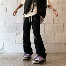 美式高街黄泥染牛仔裤男水洗做旧复古中腰宽松直筒休闲长裤子，男装牛仔裤，星座601-2