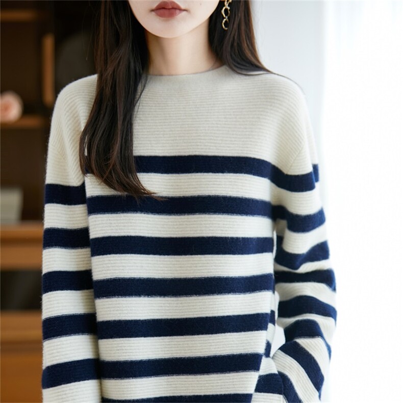 慵懒风条纹针织衫女100纯羊毛打底毛衣2025新款加厚保暖法式毛衫,女装羊毛衫,迅太羊绒