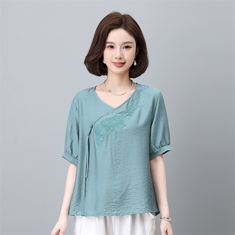 优雅刺绣短袖衬衫女宽松显瘦V领上衣夏季新款时尚百搭女装,女装衬衫,叶笙衣