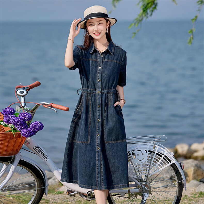 气质翻领短袖牛仔连衣裙女2025新款夏季薄款气质收腰显瘦休闲裙子,女装连衣裙,文熹诺