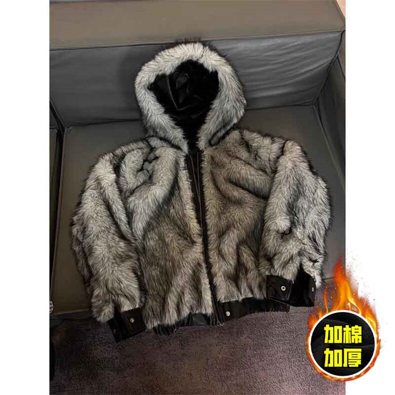 现货冬季美式潮牌痞帅PU皮机车服棉衣毛毛绒狼王座山雕皮棉服,男装棉衣,电商A486