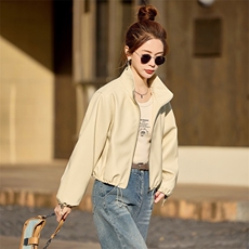欧货短款皮衣外套女2025春新款小个子立领高级感百搭美式夹克上衣，女装皮衣，简古