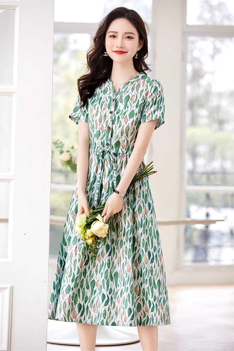 印花亚麻连衣裙女中长款2023夏季新款小个子V领收腰显瘦棉麻裙子,女装连衣裙,牡丹诺